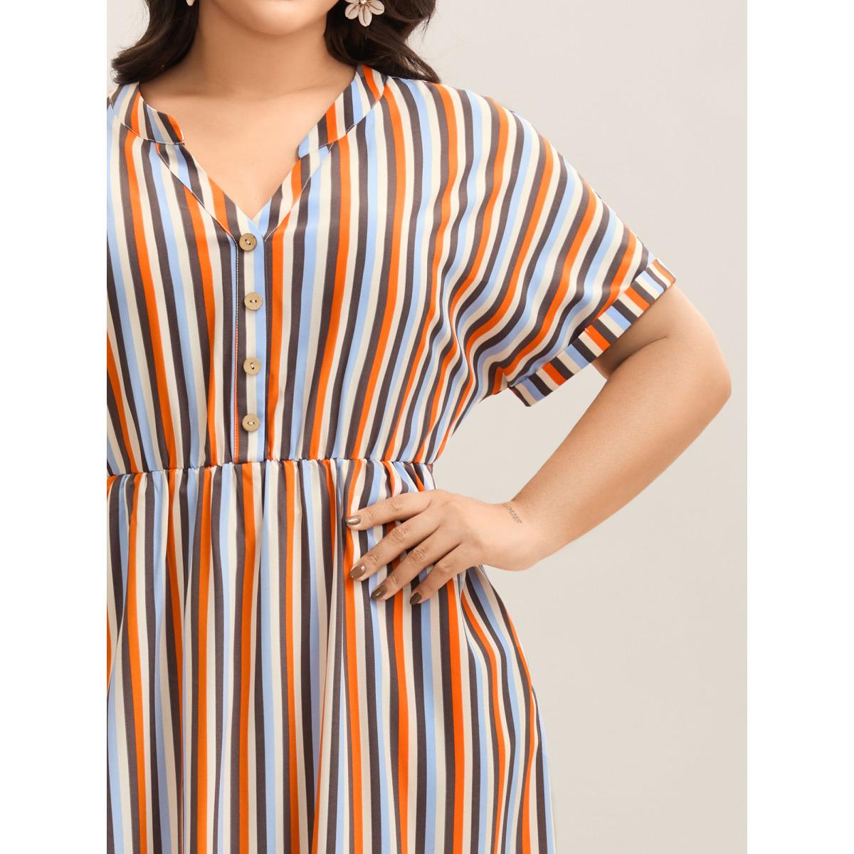 Plus Size Stripes Notched Collar Pockets Midi Dress Multicolor Women Round Neck Cap Sleeve Curvy BloomChic 12/L Product Image
