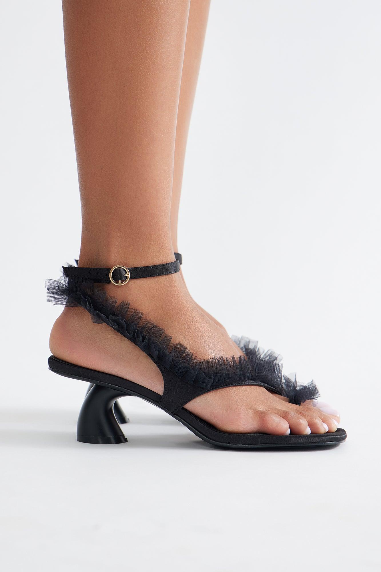 Afina Satin Ruffle Heels - Black Female Product Image