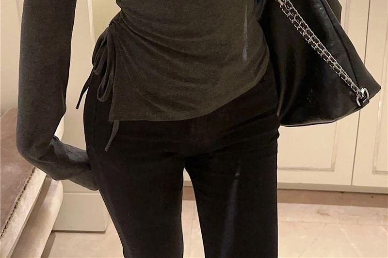 Cold-Shoulder Long-Sleeve Asymmetrical Plain T-Shirt Product Image