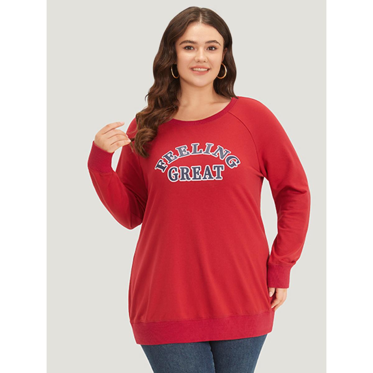 Plus Size Letter Print Round Neck Raglan Sleeve Sweatshirt Women Red Casual Elastic cuffs Everyday Sweatshirts BloomChic 10/M Product Image