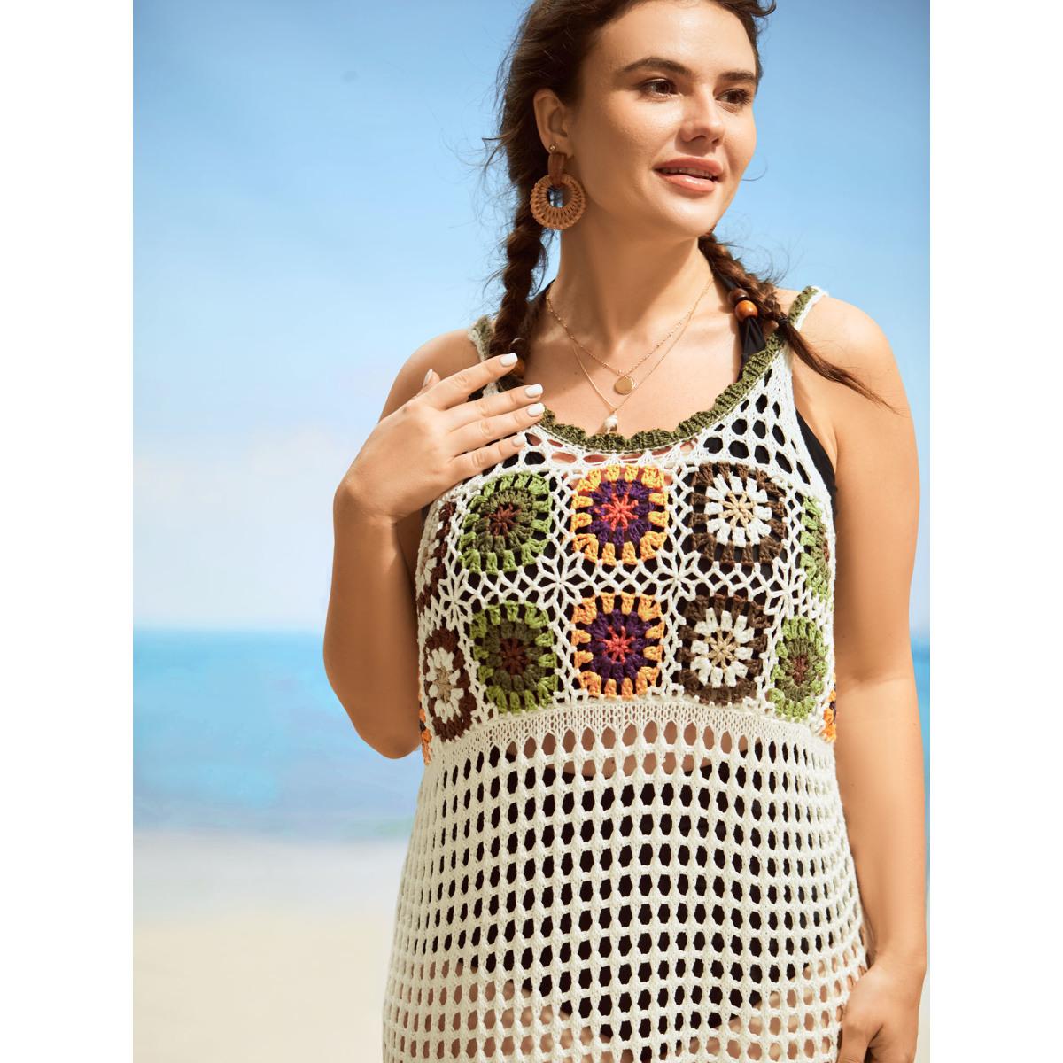 Plus Size Crochet Floral Texture Cut Out Swim Cover Up Women's Swimwear Beige Beach Crochet Curve Swim Cover Ups BloomChic 10/M Product Image