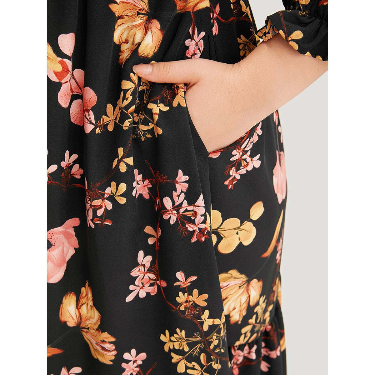 Plus Size Floral Print Bowknot Flutter Trim Tiered Dress Black Women Elegant Gathered Square Neck Elbow-length sleeve Curvy Midi Dress BloomChic 26/4X Product Image