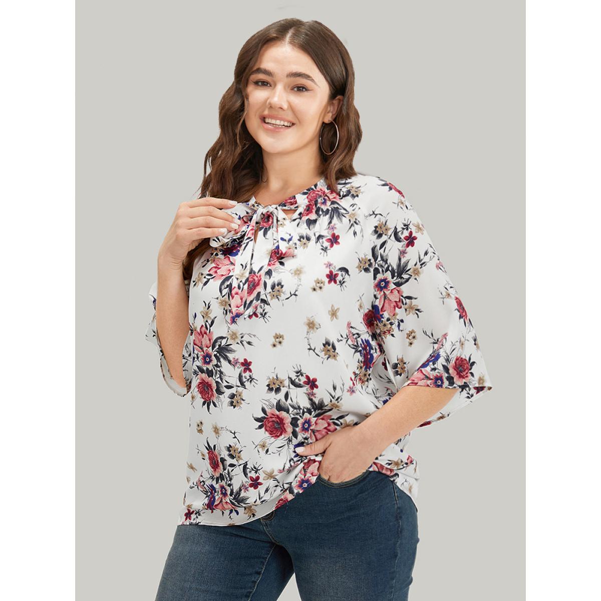 Plus Size Multicolor Floral Print Knot Neck Half Sleeve Blouse Women Elegant Half Sleeve Tie Neck Dailywear Blouses BloomChic 18-20/2X Product Image
