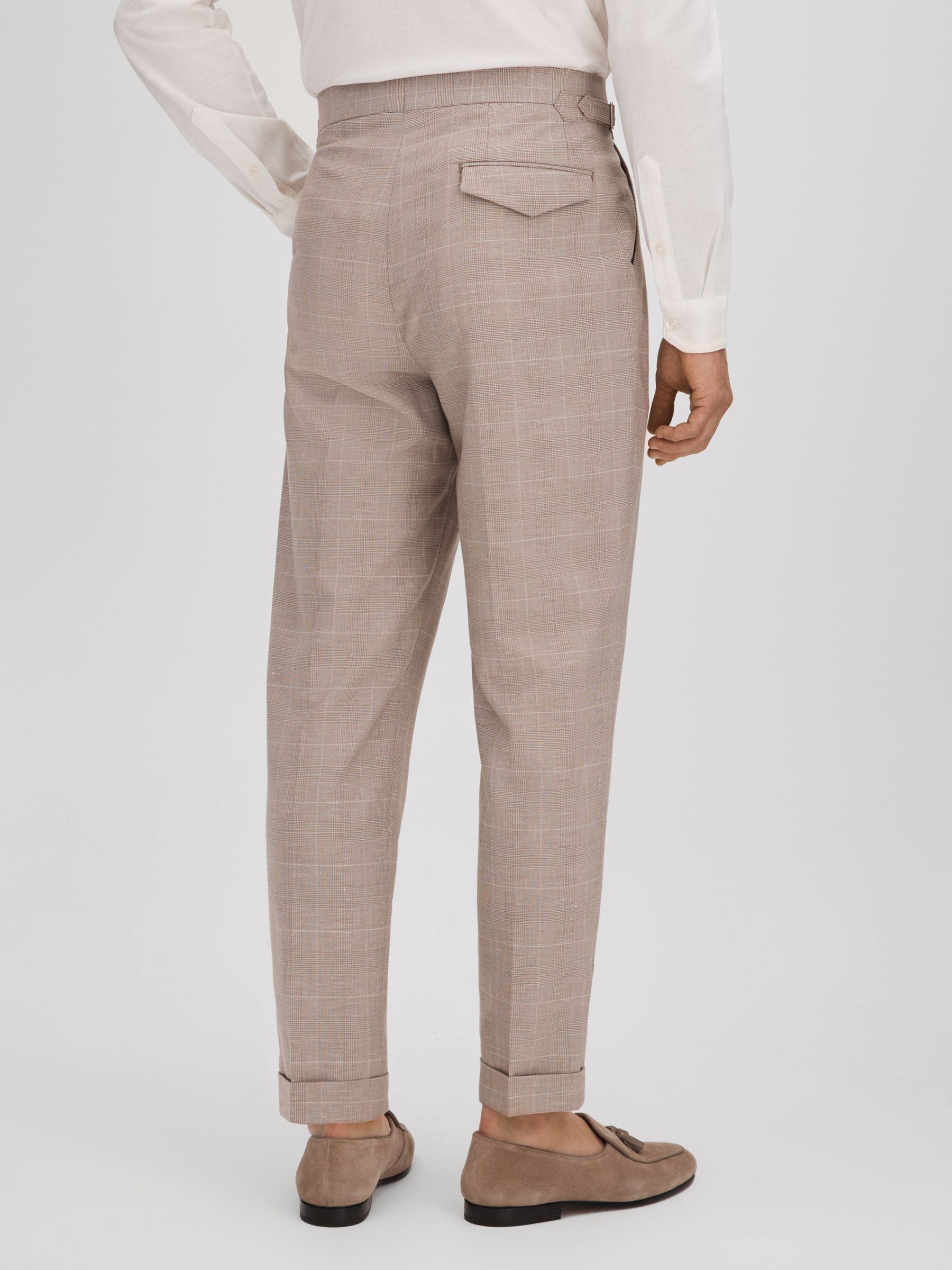 Slim Fit Check Adjuster Trousers with Turn-Ups in Oatmeal Product Image
