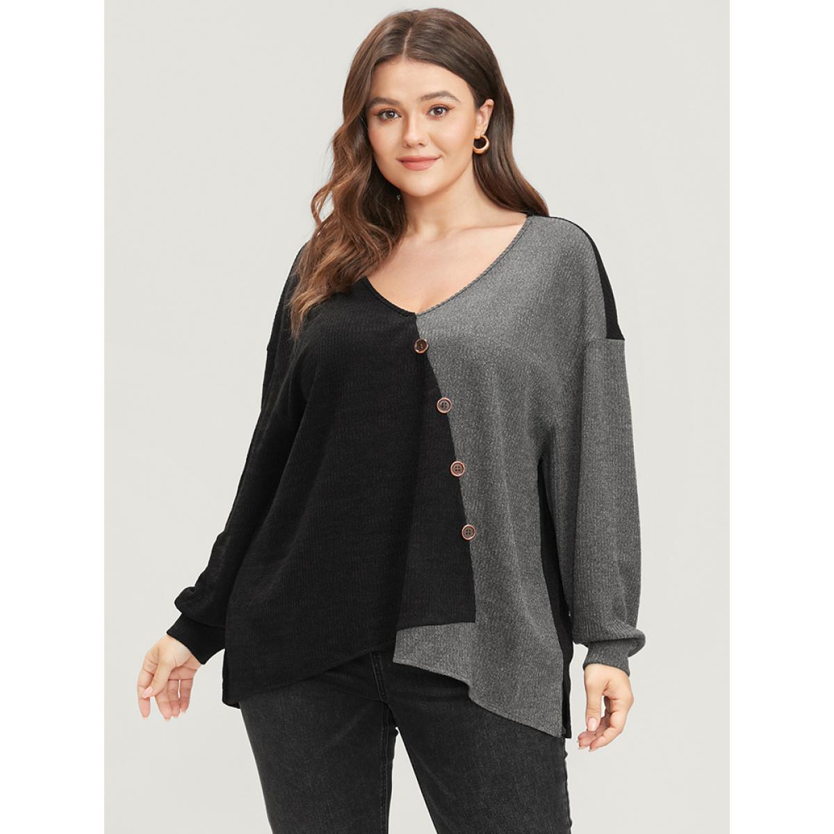 Plus Size Colorblock Contrast Button Detail Rib Knit Sweatshirt Women Black Elegant Patchwork V-neck Dailywear Sweatshirts BloomChic 18-20/2X Product Image