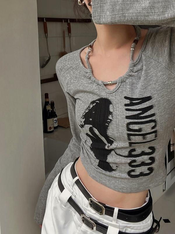 Print Halter Slim Knit Top Product Image