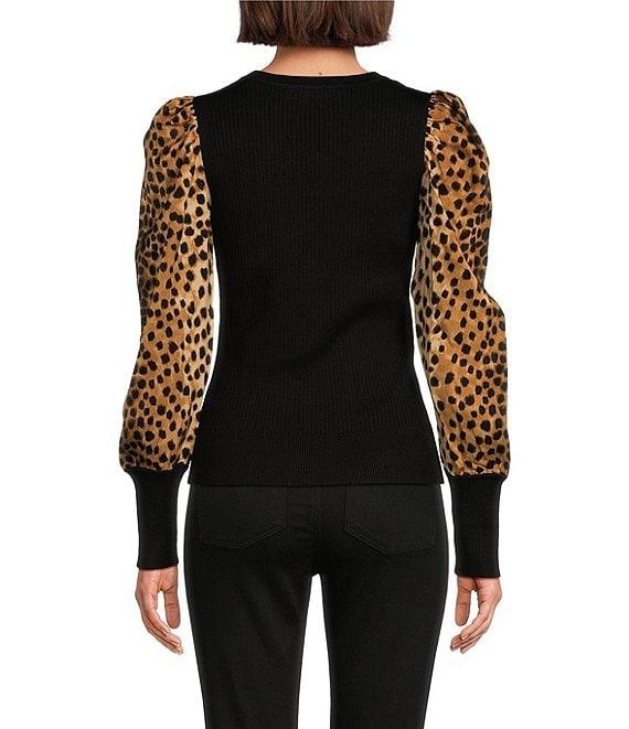 DKNY by Donna Karan Knit Mix Media Cheetah Print Puff Long Sleeve Top Product Image