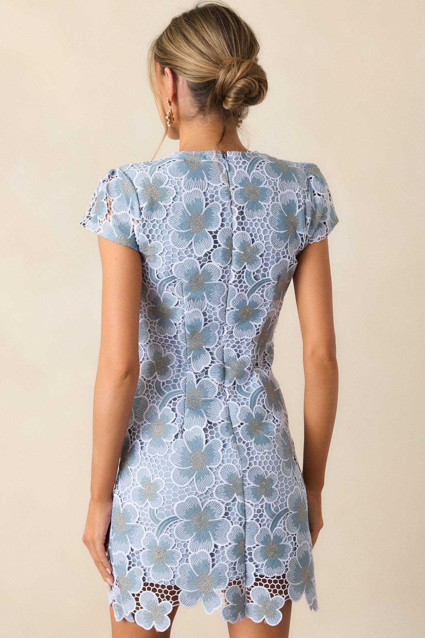 Little Moments Sky Blue Floral Embroidered Mini Dress Product Image