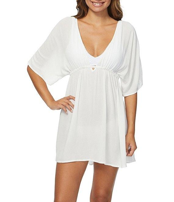 Raisins Solid Island Plunge V-Neck Underbust Shirring Swim Cover-Up Dress Product Image