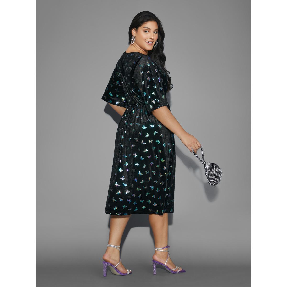 Plus Size Butterfly Glitter Flutter Sleeve Midi Dress BlackFlower Women Cocktail Texture Party Curvy Bloomchic 26/4X Product Image