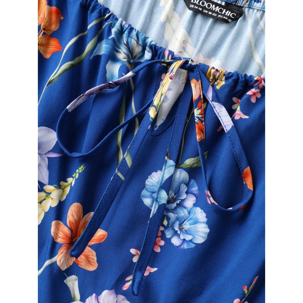 Plus Size Rayon Stretchy-Waist Floral Print Midi Dress Indigo Women Square Neck Short sleeve Curvy BloomChic 14-16/1X Product Image