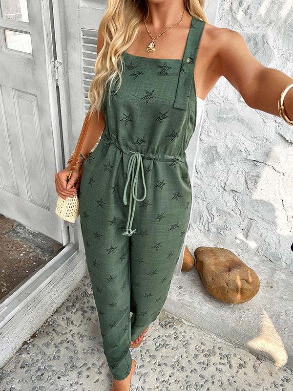 Sleeveless Buttoned Drawstring Pockets Printed Spaghetti-Neck Jumpsuits Product Image