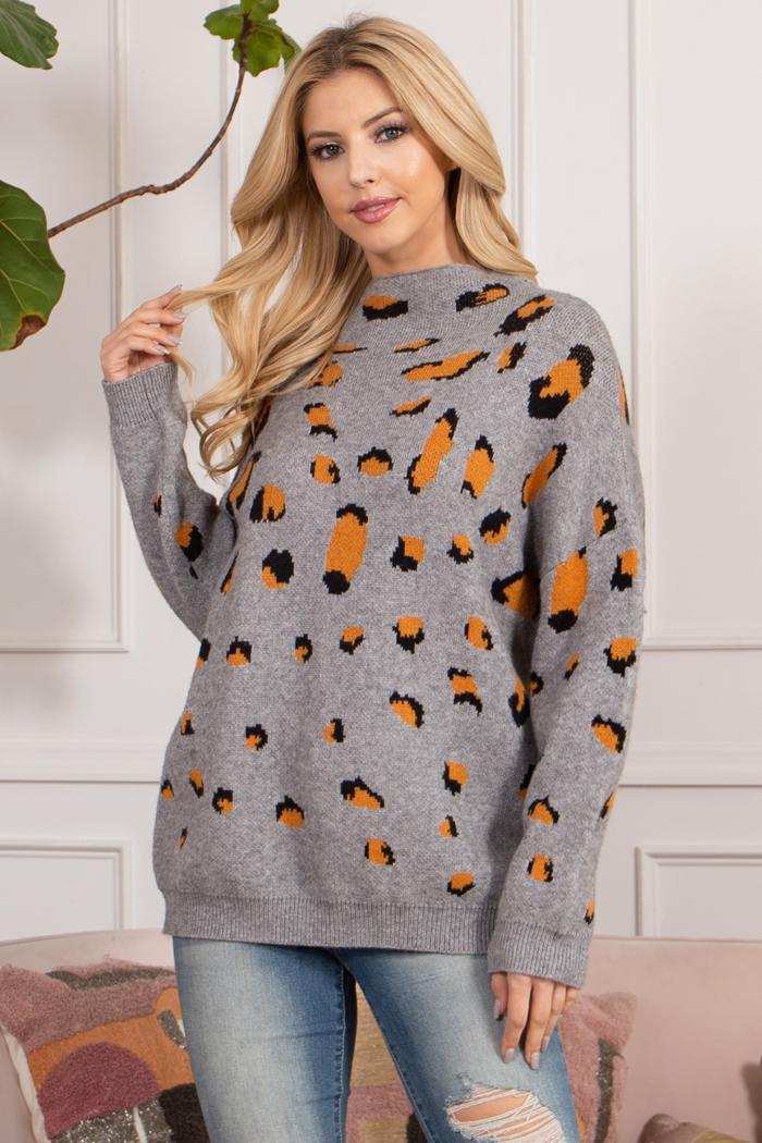 Turtle Neckline Leopard Sweater Product Image