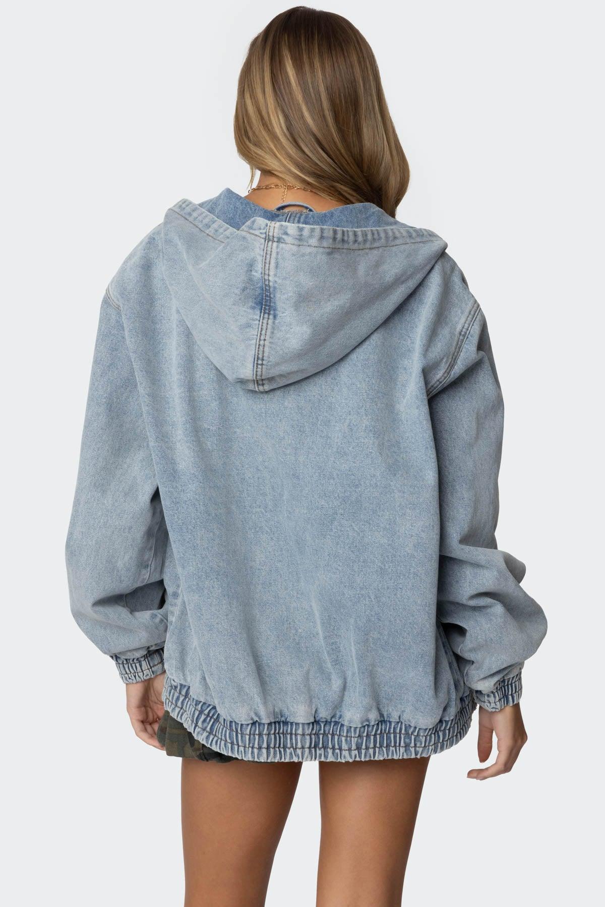 Hooded Vintage Washed Denim Bomber Jacket Product Image