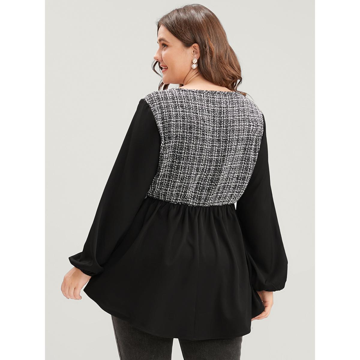 Plus Size Black Gingham Tweed Lantern Sleeve Asymmetrical Hem Blouse Women Elegant Long Sleeve V-neck Dailywear Blouses BloomChic 14-16/1X Product Image