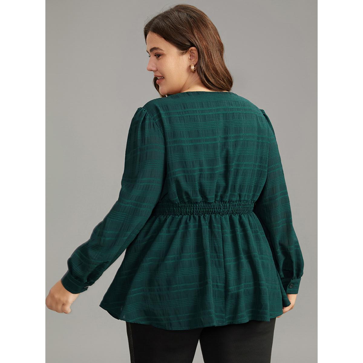 Plus Size DarkGreen Plaid Wrap Ruched Lantern Sleeve Blouse Women Office Long Sleeve V-neck Office Blouses BloomChic 28/5X Product Image