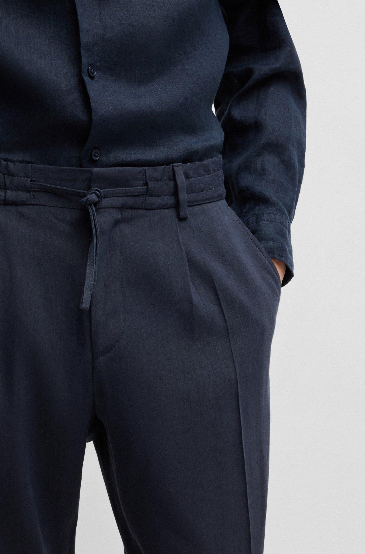 BOSS - Tapered-fit machine-washable tailored trousers in a linen blend - Dark Blue Product Image