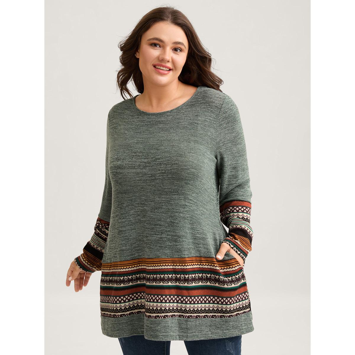 Plus Size Tunic Boho Print Pocket T-shirt Sage Women Leisure Contrast Round Neck Loose Casual T-shirts BloomChic 28/5X Product Image
