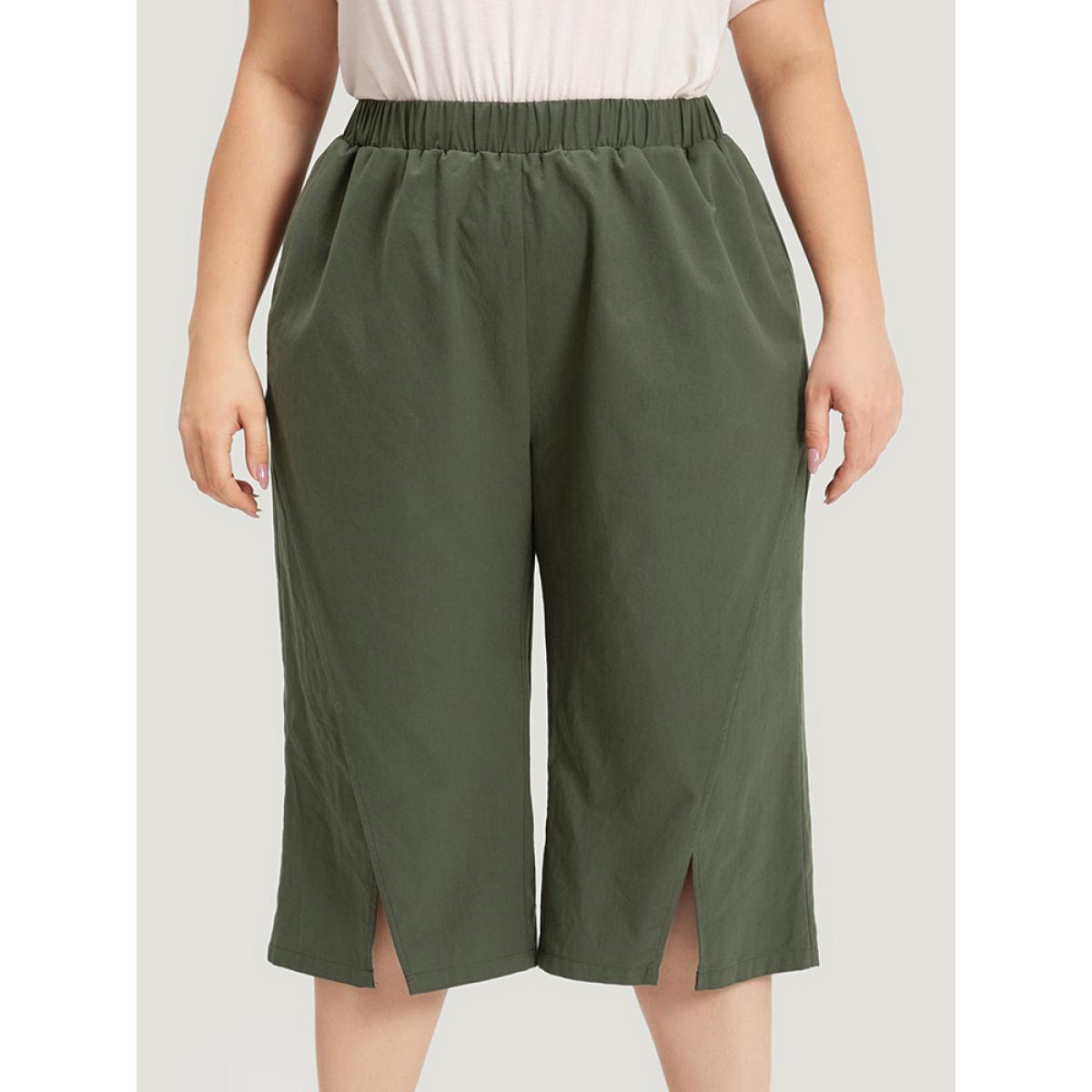 Plus Size Solid Pocket Wrap Hem Elastic Waist Pants Women ArmyGreen Casual Straight Leg High Rise Dailywear Pants BloomChic 14-16/1X Product Image