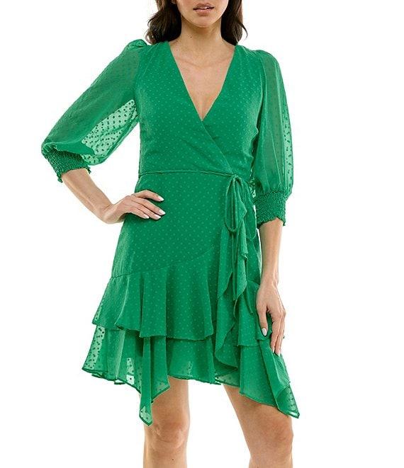 Moda Tara Smocked 3/4 Sleeve V-Neck Wrap Dress Product Image