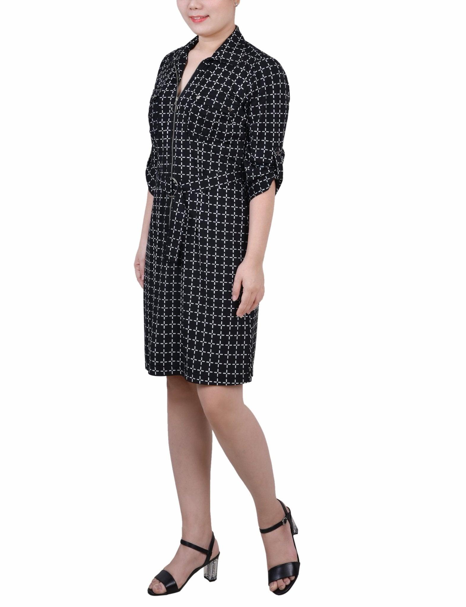 Black White Gridview Belted Roll Tab Zip Front Shirtdress - Petite Product Image
