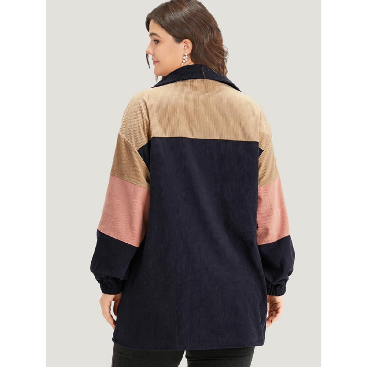 Plus Size Colorblock Contrast Patchwork Pocket Button Through Jacket Women DarkBlue Pocket Dailywear Jackets BloomChic 26/4X Product Image