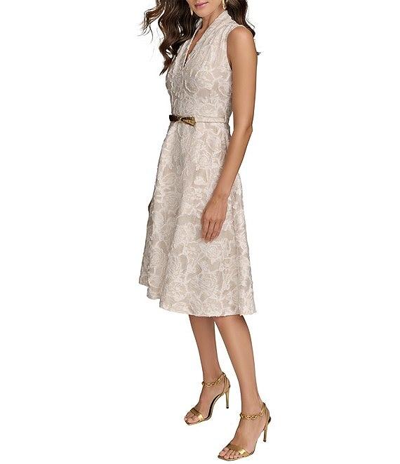 Donna Karan Jacquard V-Neck Sleeveless Belted A-Line Floral Lace Midi Dress Product Image