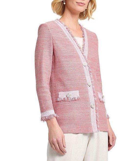 MISOOK Knit Heritage Fringe Trim Melange V-Neck Bracelet Sleeve Jacket Product Image