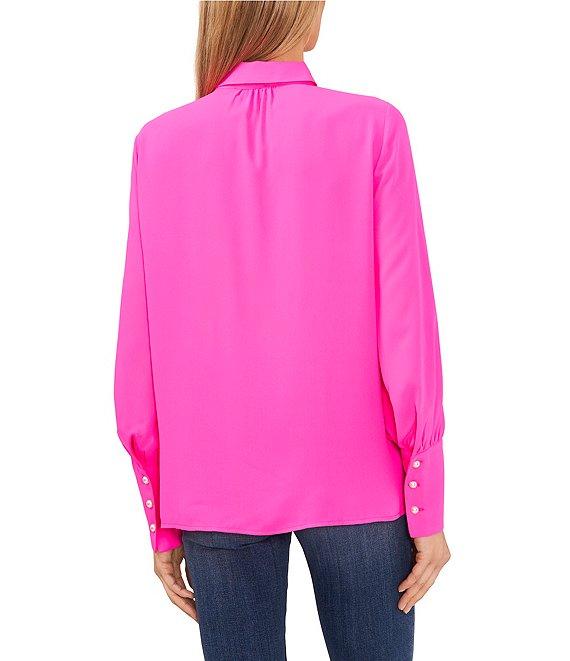 CeCe Heavy Georgette Point Collar Long Sleeve Pearl Button Front Shirt Product Image
