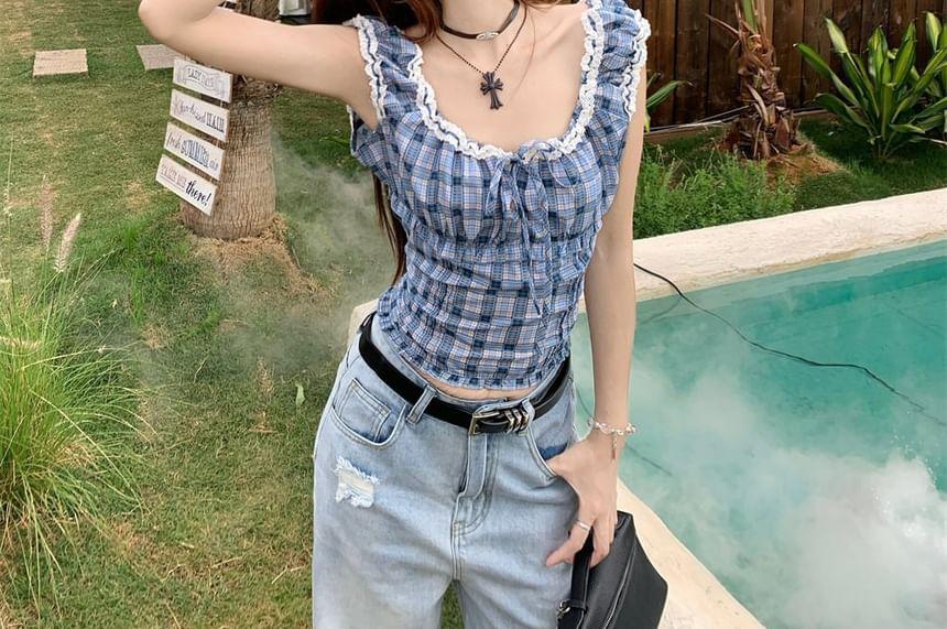 Sleeveless Scoop Neck Plaid Frill Tie Front Top Product Image