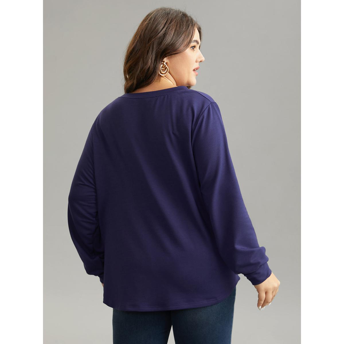 Plus Size Plain Pleated Round Neck Slightly Stretchy Sweatshirt Women Eggplant Casual Plain Round Neck Everyday Sweatshirts BloomChic 22-24/3X Product Image