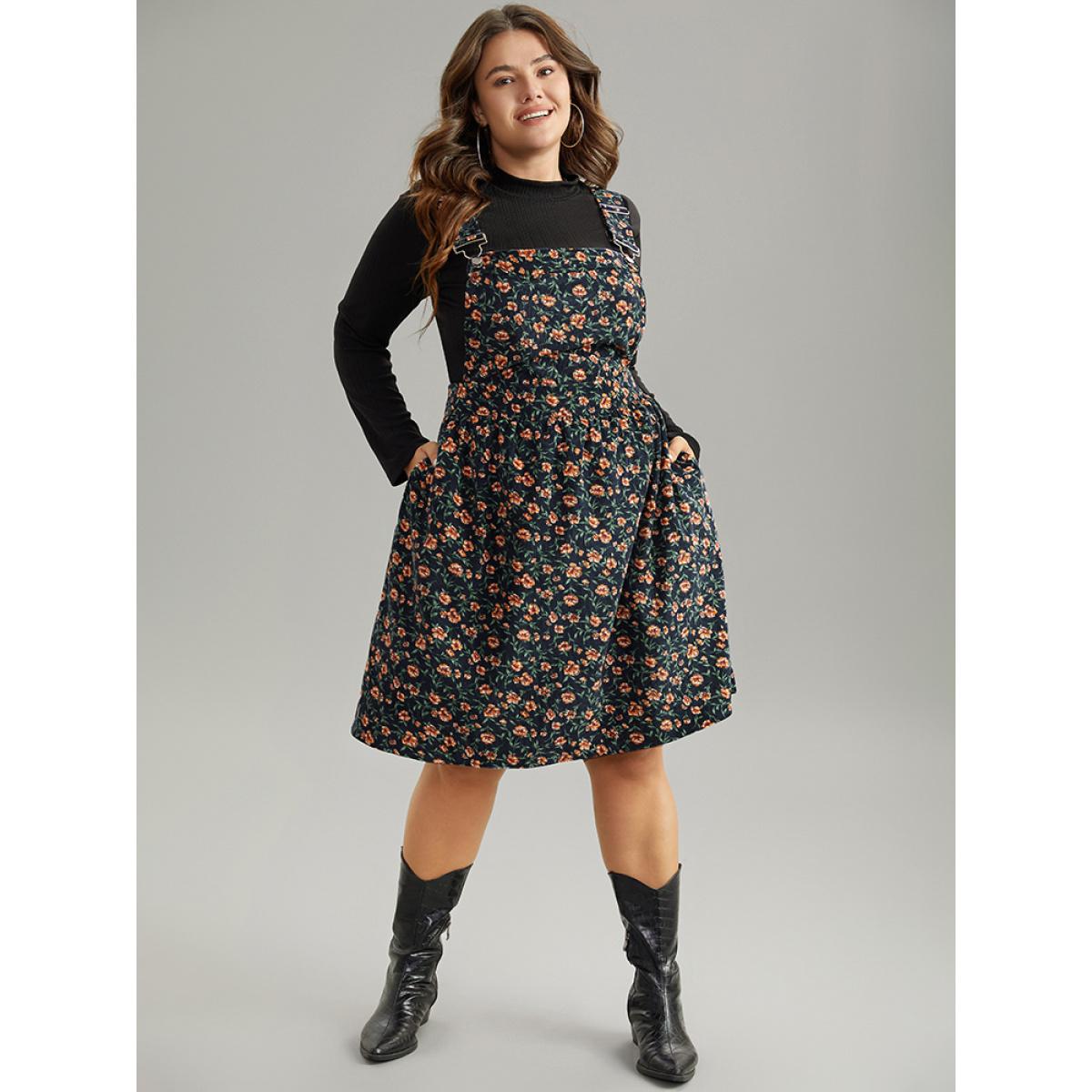 Plus Size Corduroy Ditsy Floral Pocket Adjustable Straps Dress Indigo Women Casual Adjustable Straps Spaghetti Strap Sleeveless Curvy Knee Dress BloomChic 18-20/2X Product Image