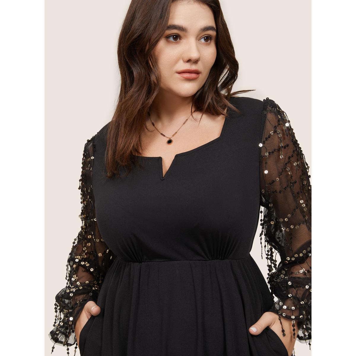 Plus Size Notched Mesh Gathered Sequin Tassel Trim Dress Black Women Glamour Sequin Notched collar Long Sleeve Curvy Midi Dress BloomChic 14-16/1X Product Image