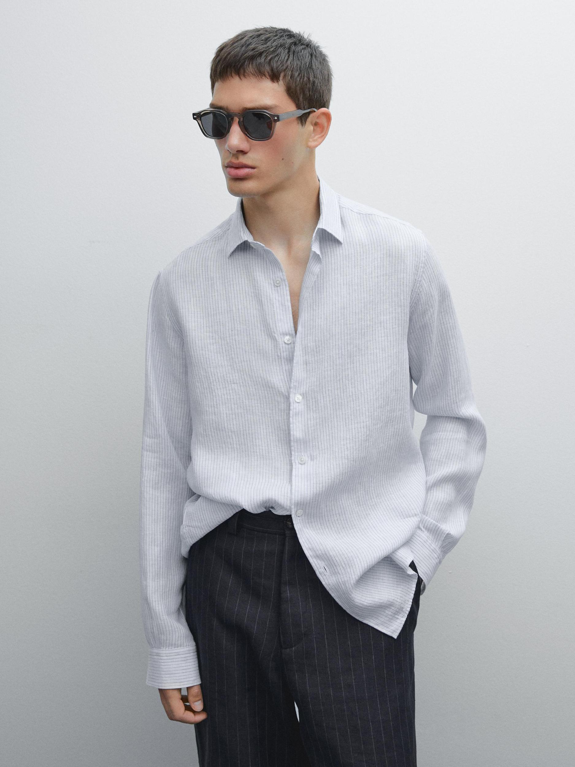 Slim fit striped 100% linen shirt Product Image