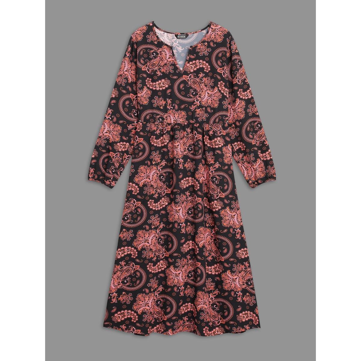 Plus Size Boho Print Notched Collar Lantern Sleeve Dress BlackFlower Women Resort Non Notched collar Long Sleeve Curvy BloomChic 12/L Product Image