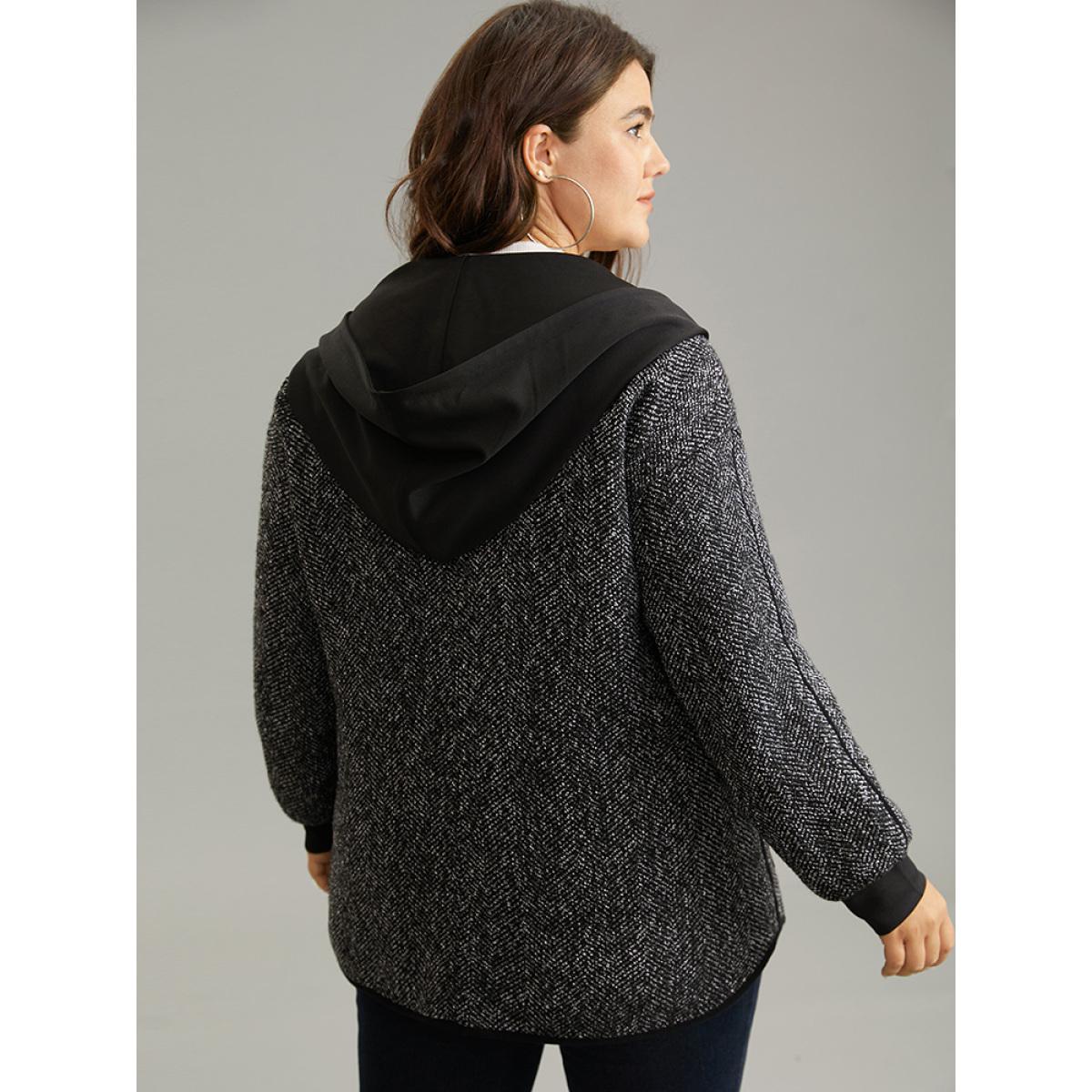 Plus Size Tweed Pocket Button Through Hooded Coat Women Black Casual Patchwork Ladies Dailywear Winter Coats BloomChic 14-16/1X Product Image