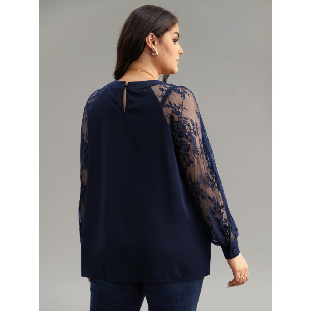 Plus Size Indigo Anti-Wrinkle Crochet Lace Mesh Keyhole Blouse Women Office Long Sleeve Keyhole Cut-Out Office Blouses BloomChic 22-24/3X Product Image