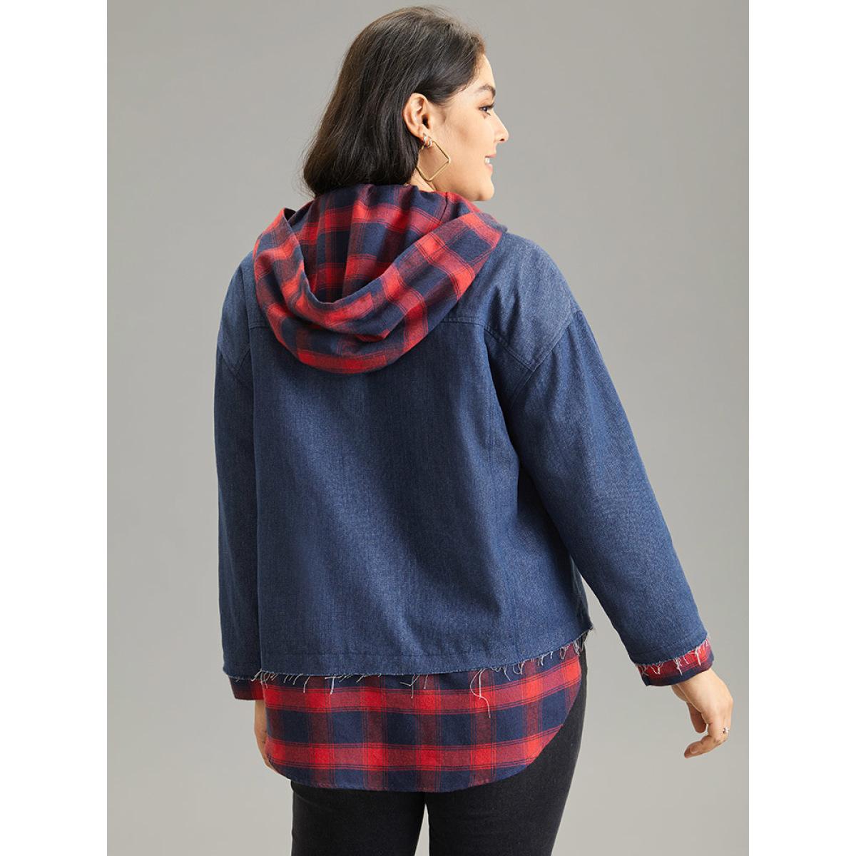 Plus Size Denim Plaid Patchwork Contrast Hooded Jacket Women Navy Casual Contrast Ladies Dailywear Winter Coats BloomChic 18-20/2X Product Image