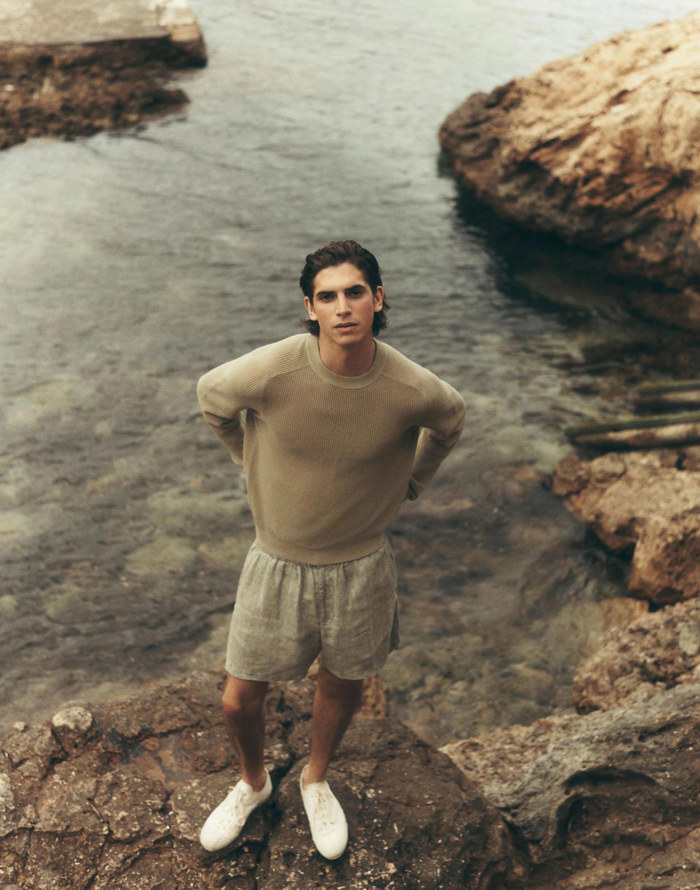 Mesh-Knit Crewneck Sweater in Lightweight Cotton-Linen Blend Product Image