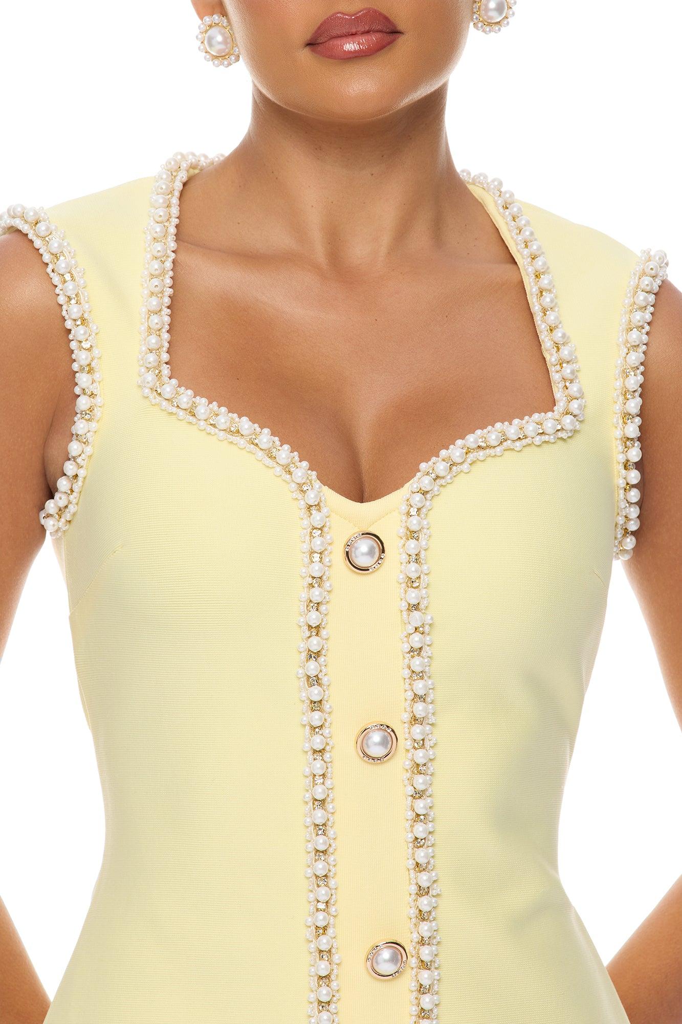 Victoria Pearl Trim Bandage Mini Dress - Butter Yellow Female Product Image