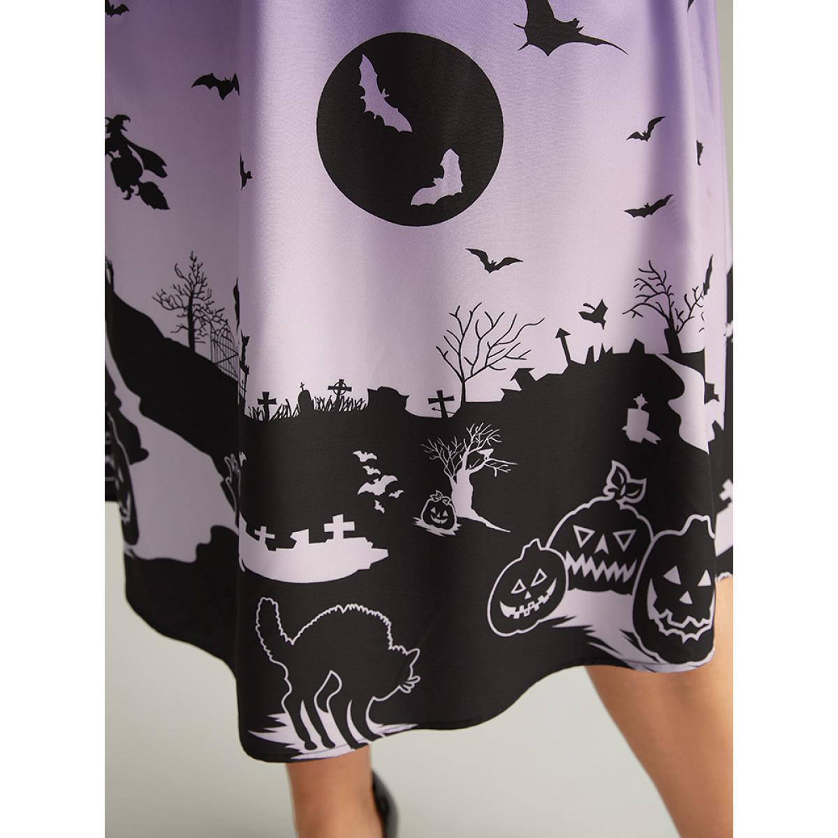 Plus Size Halloween Graphic Pocket Mesh Patchwork Dress Purple Women Elegant See through Round Neck Long Sleeve Curvy Midi Dress BloomChic 18-20/2X Product Image