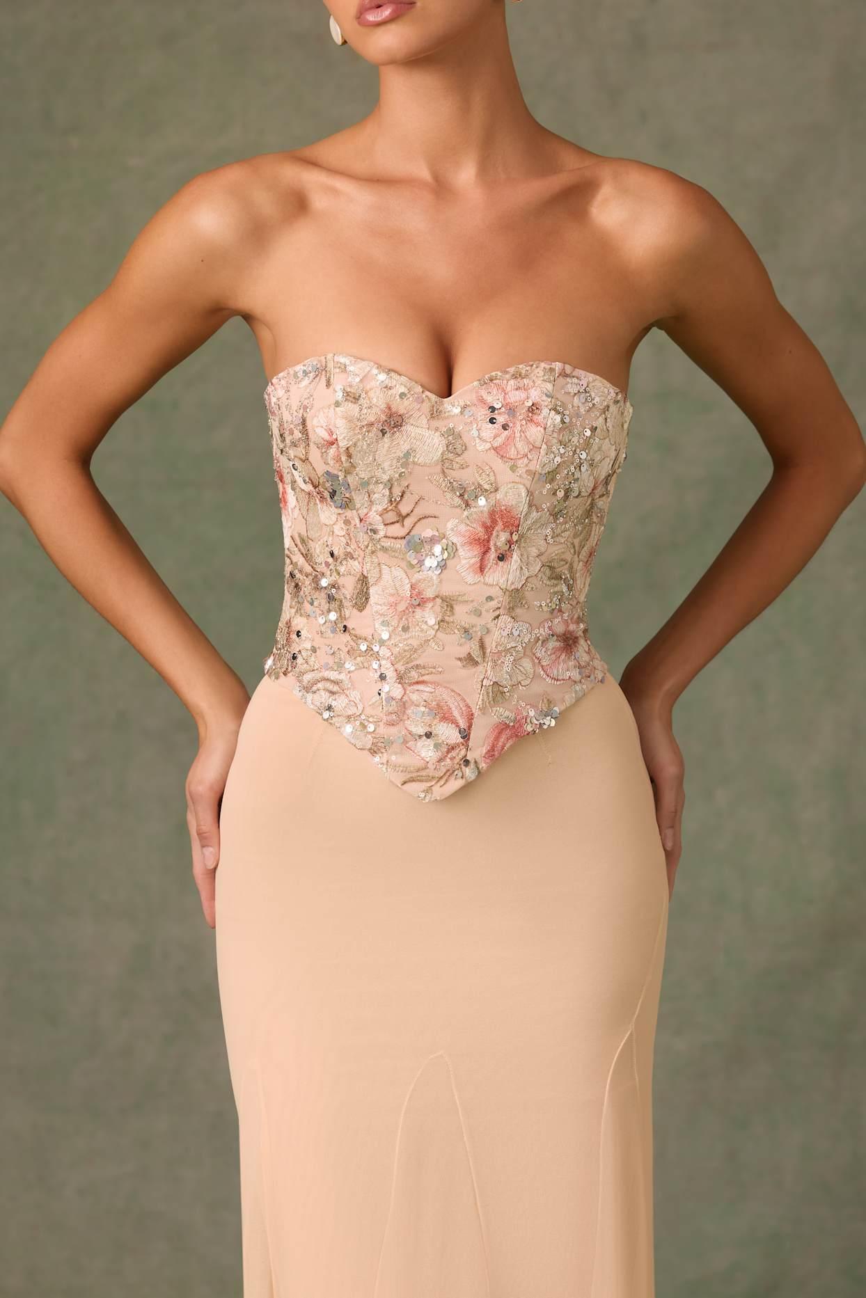 Embellished Corset Fishtail Gown in Floral Beige Product Image