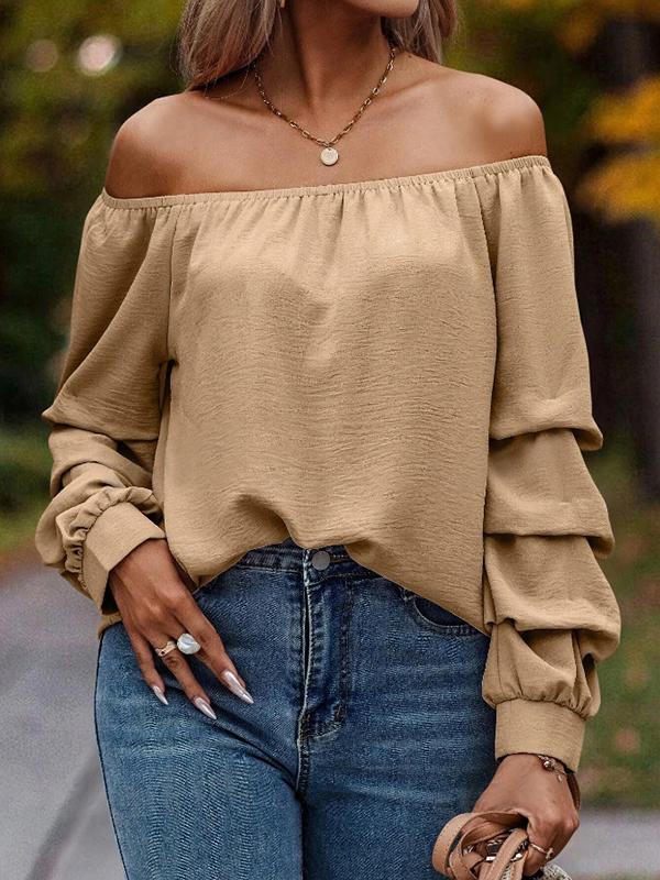 Long Sleeves Loose Elasticity Pleated Solid Color Off-The-Shoulder Blouses&Shirts Tops Product Image
