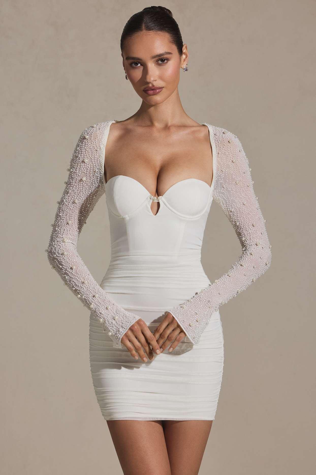 Embellished Long-Sleeve Mini Dress in White Product Image