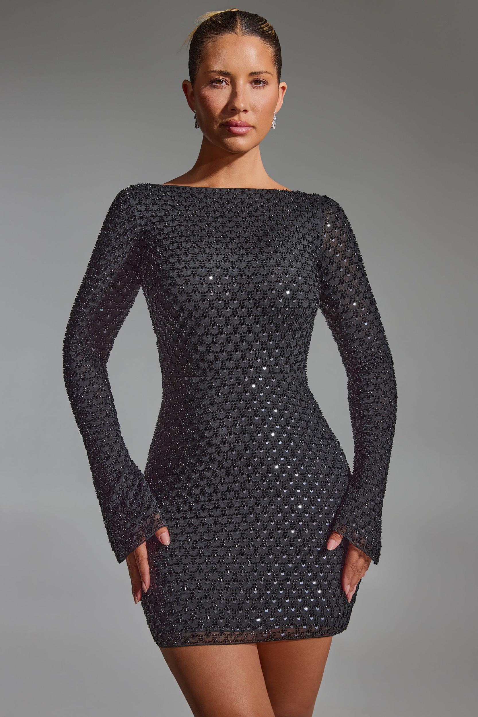Embellished Open-Back A-Line Mini Dress in Black Product Image