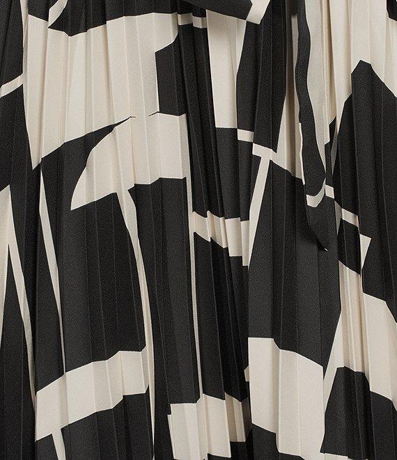 Maggy London Geometric Abstract Print Button Down Collar Neck Long Sleeve Pleated Tie Front Midi Dress Product Image