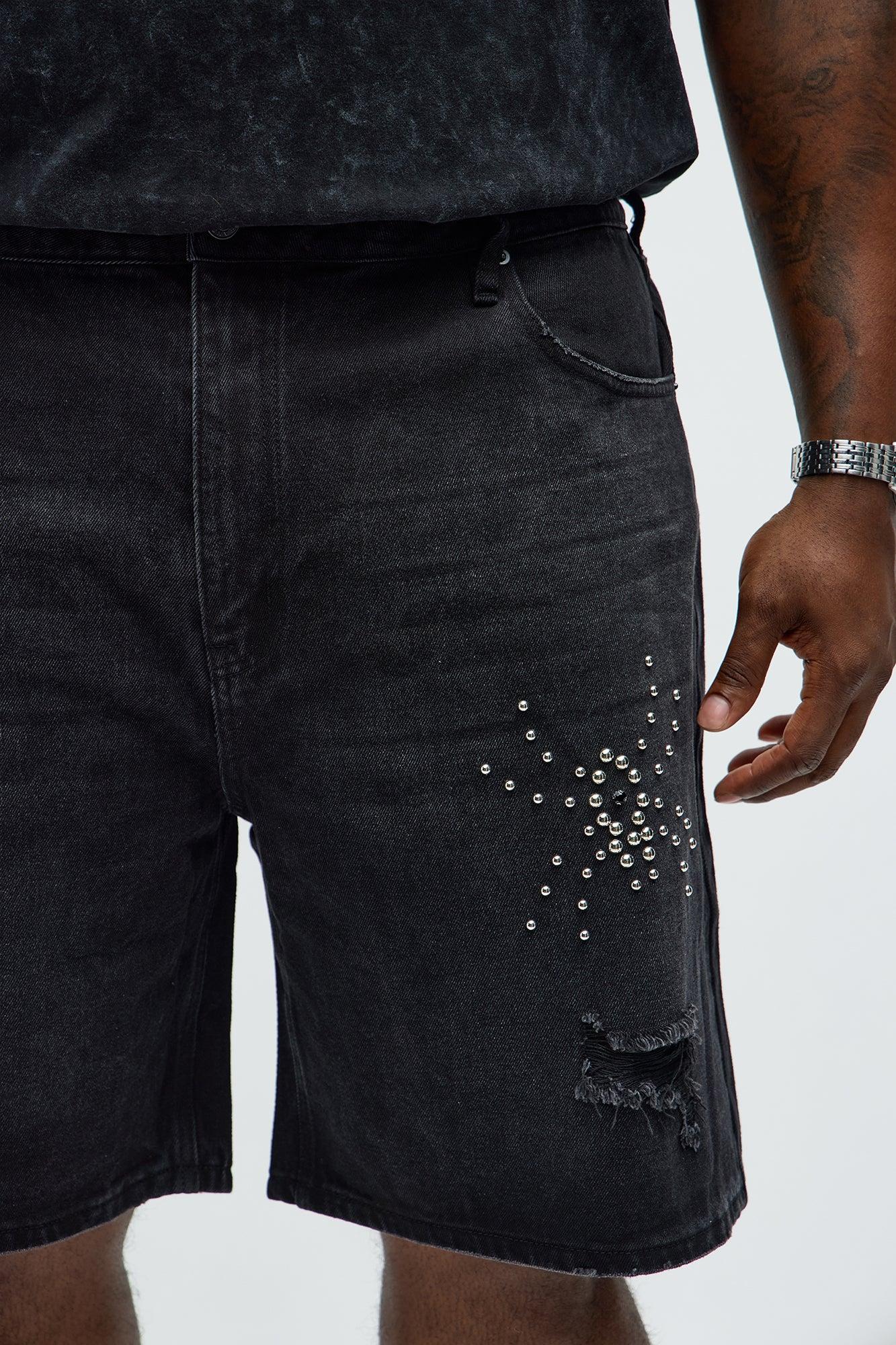 Relaxed Studded Spider Denim Shorts - Black Wash Male Product Image