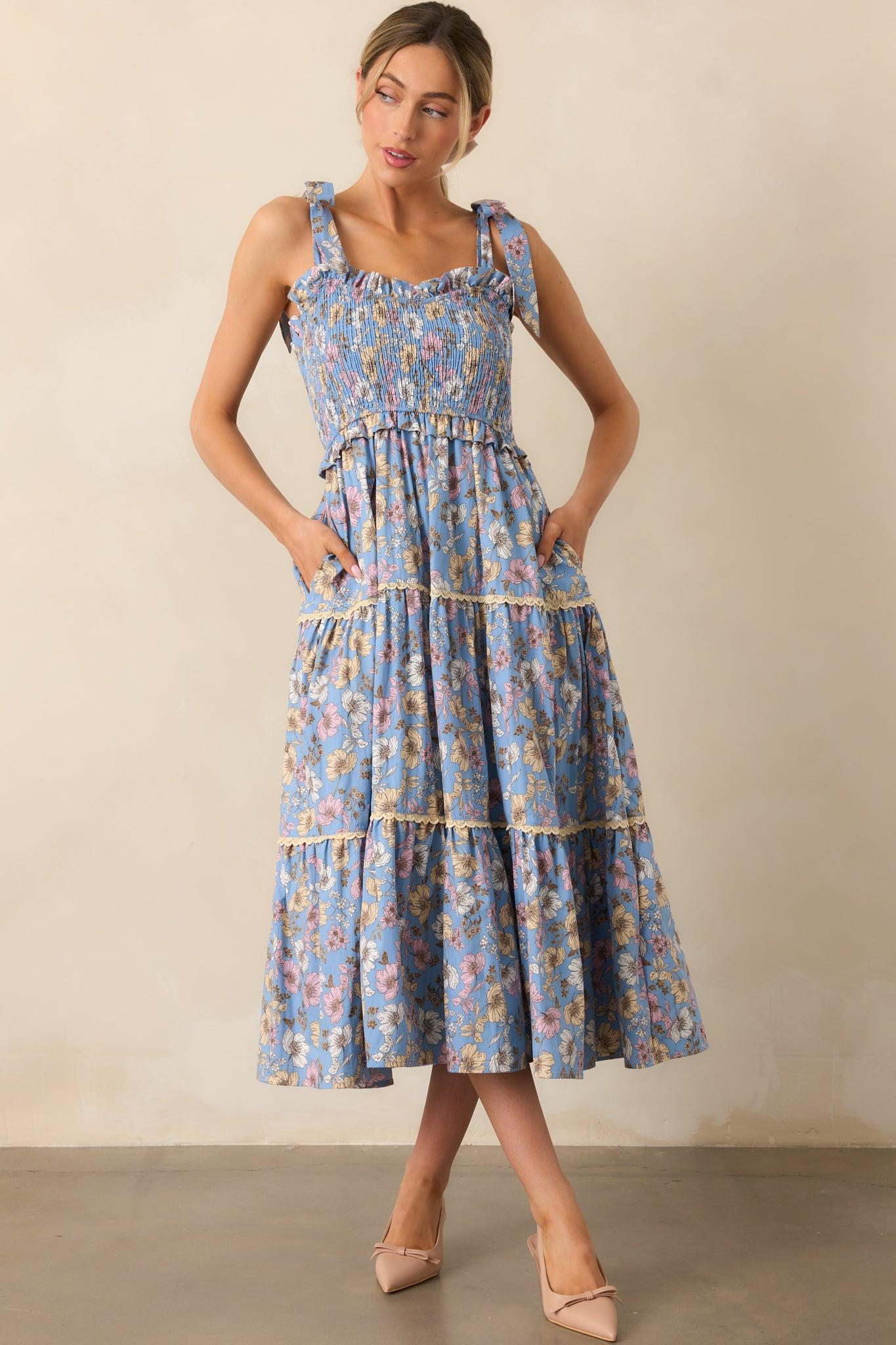 Living A Slow Life Cotton Ash Blue Floral Midi Dress Product Image