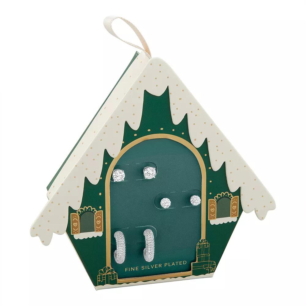 Brilliance Silver Tone Crystal & Cubic Zirconia Stud & C-Hoop Earrings Trio, Women's, Silver Tone White Product Image