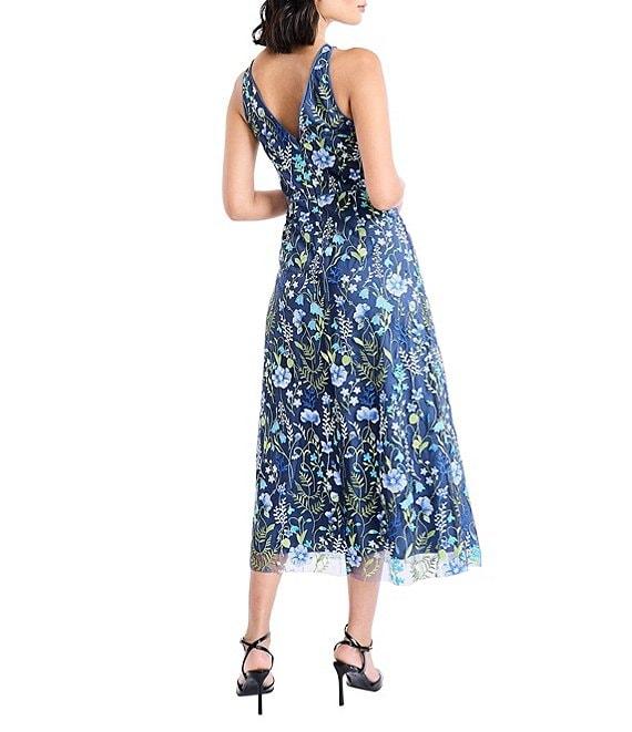 Maggy London Floral Embroidery Halter Neck Sleeveless Plunge Back Detail Midi Dress Product Image